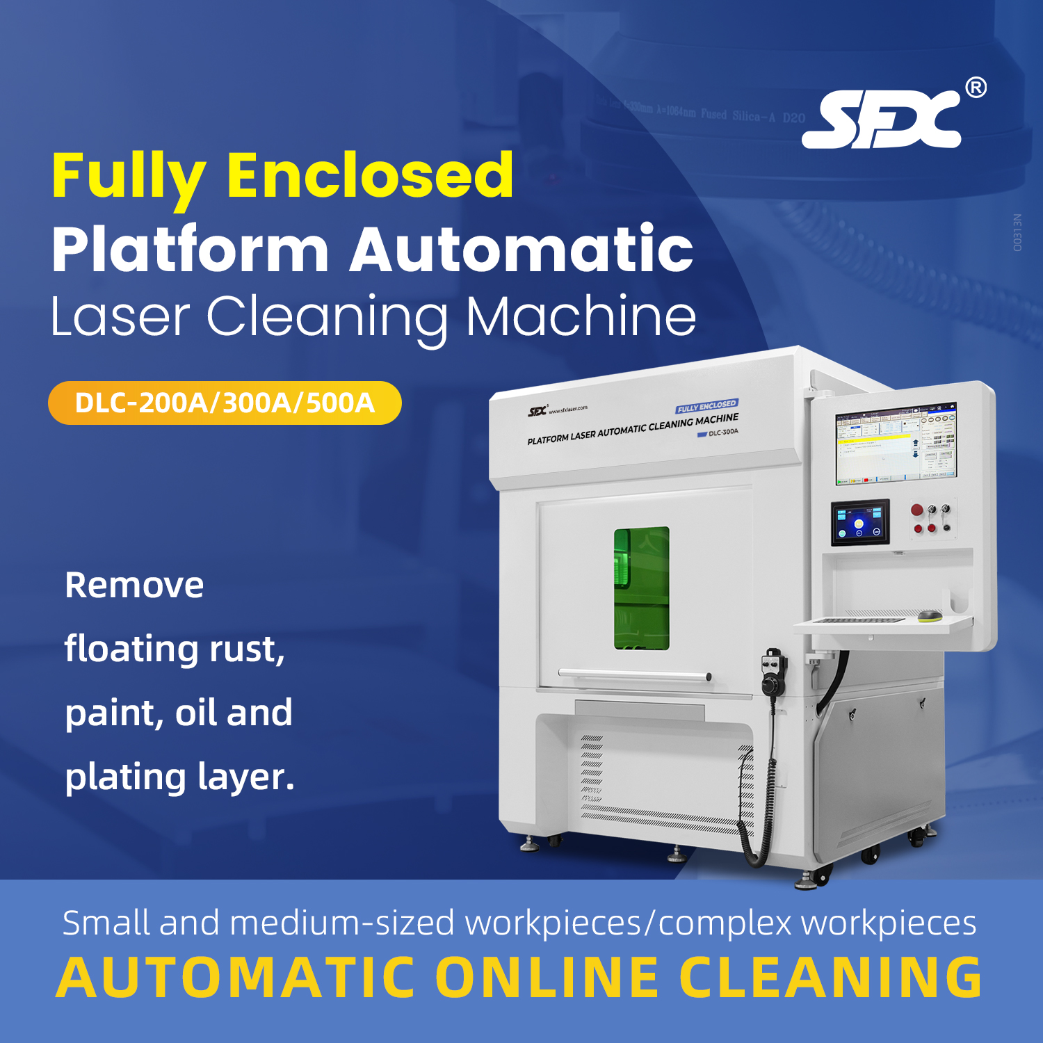 SFX 200W 300W 500W Intelligent Automated Laser Cleaning Machine Fully Enclosed Platform Laser Cleaner for Rust Paint Plating Removal